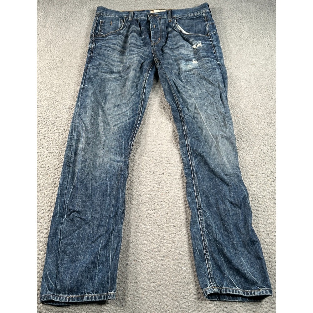River Island Jeans Mens 34x32 Blue Denim Straight Faded Workwear Button-Fly‎